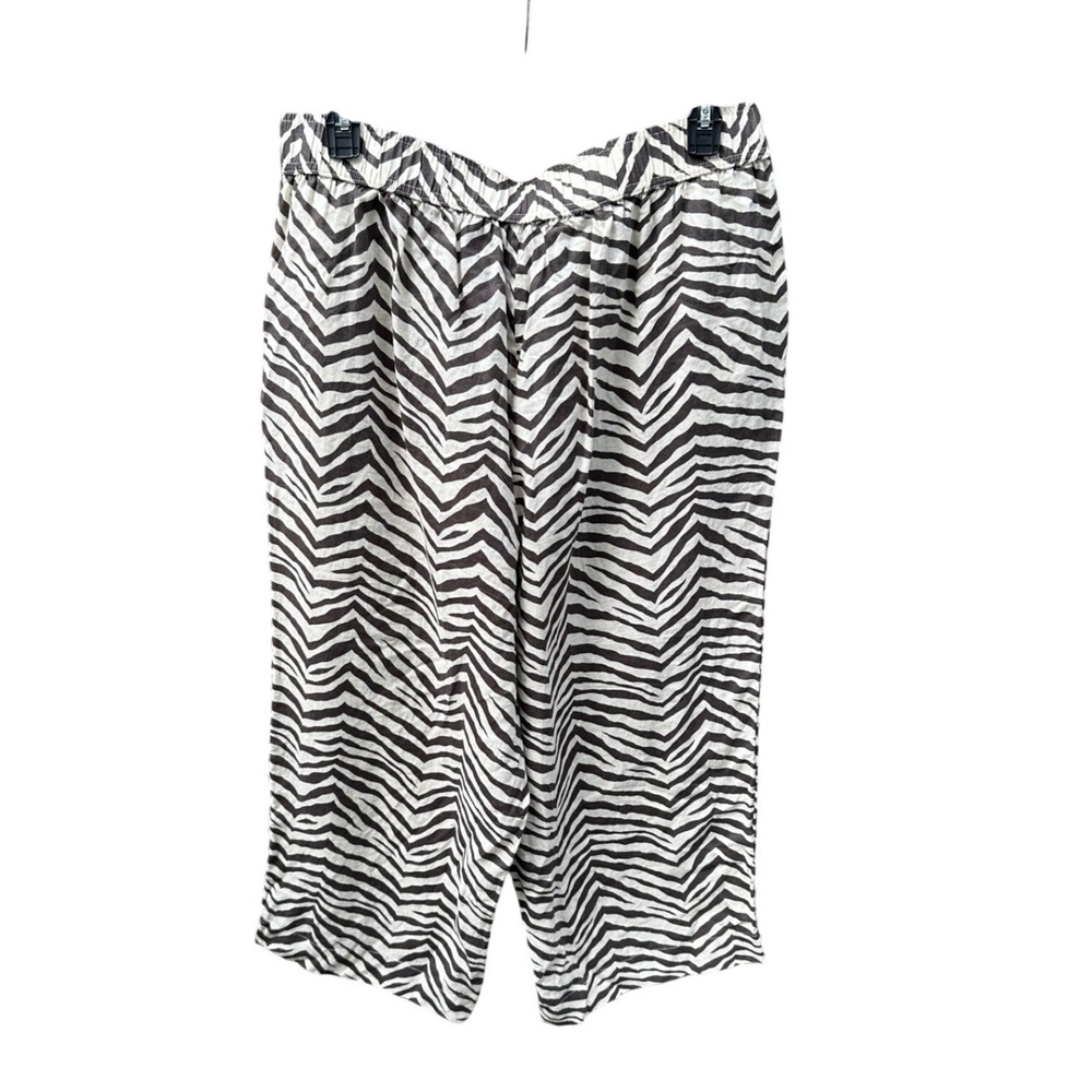 Tahari Womens 2X Zebra Print Linen Pants Brown White Elastic Waist Straight Leg